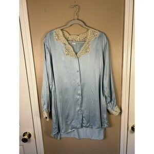 Treesha Lace Trim Nightshirt Long sleeve collar 100% Silk Blue Cottage Sz M